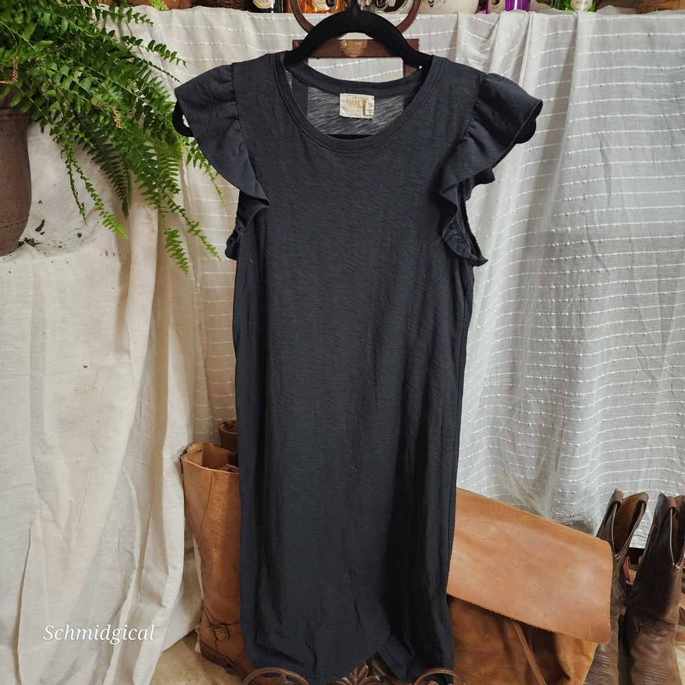 Nation LTD Black Pima Cotton Ruffle Sleeve TShirt Dress XS Slub Pima Cotton Mini